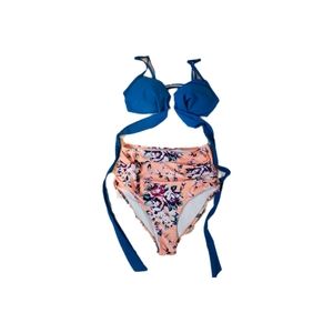 Cupshe Blue and Orange 2 Piece Floral High Waisted Bikini Set Women's Medium